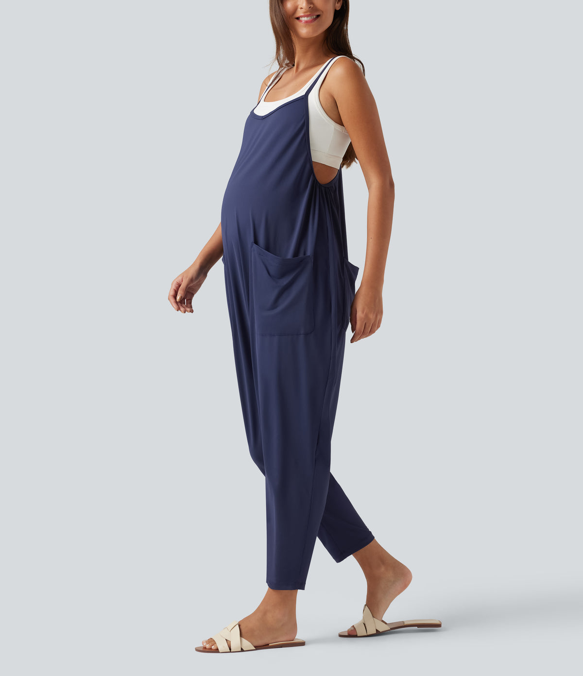 Square Neck Tapered Casual Maternity Jumpsuit with Pockets — Black Iris — view 3