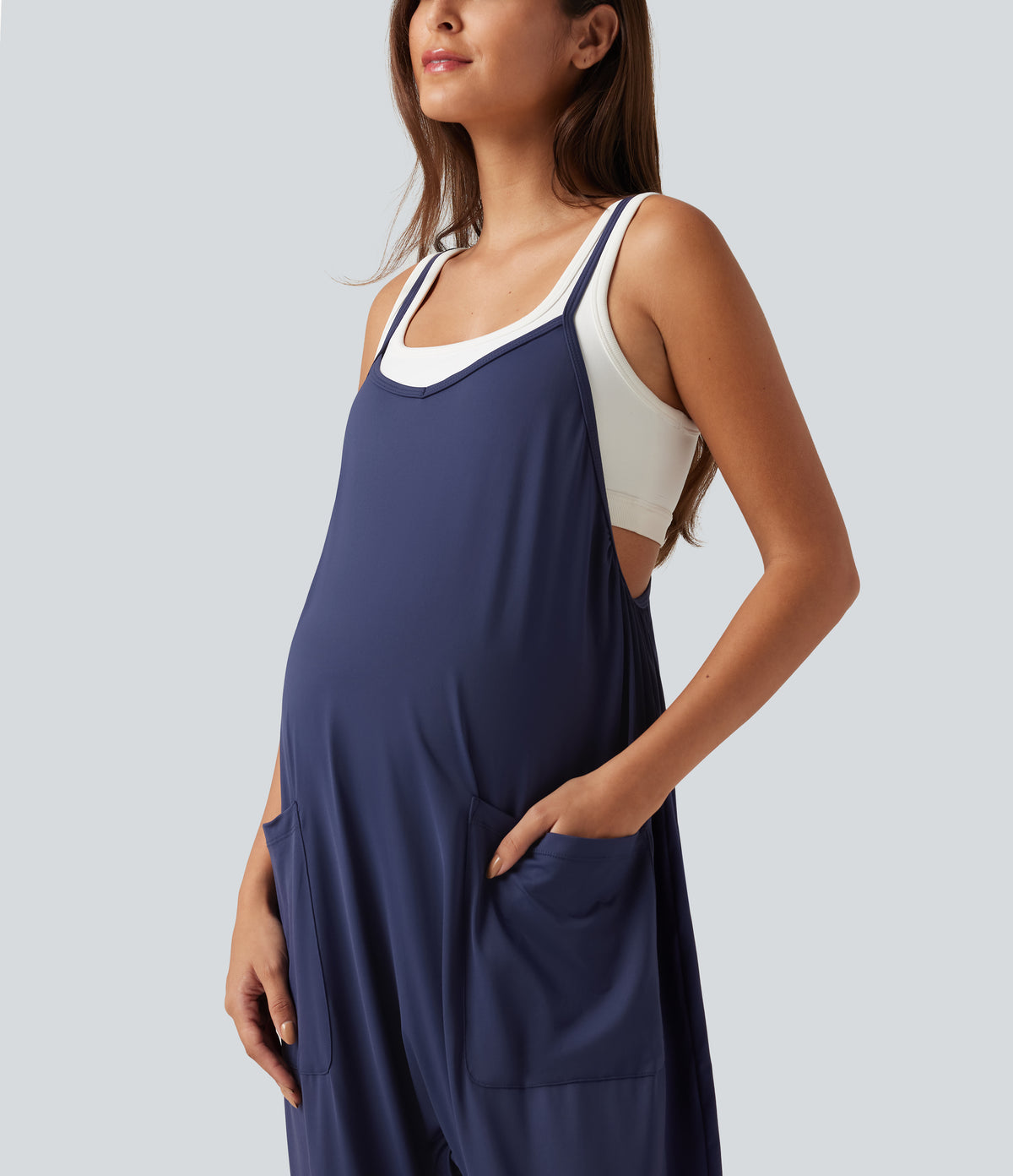 Square Neck Tapered Casual Maternity Jumpsuit with Pockets — Black Iris — view 5