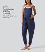 Square Neck Tapered Casual Maternity Jumpsuit with Pockets — Black Iris — view 1