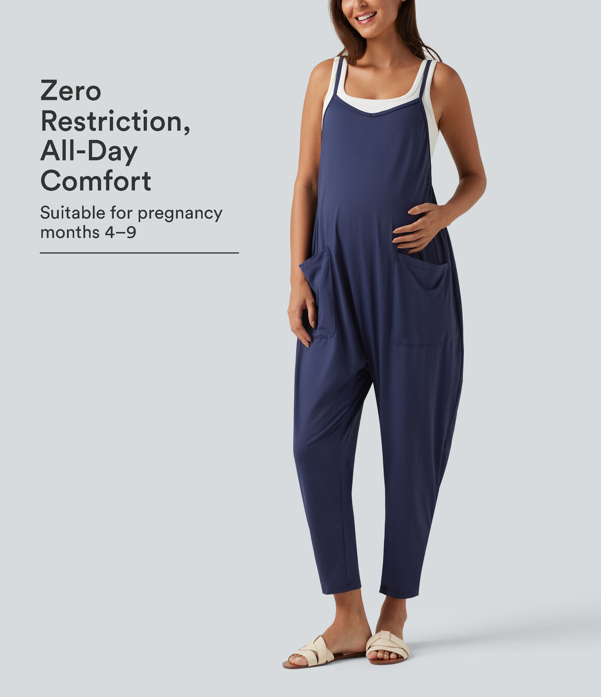 Square Neck Tapered Casual Maternity Jumpsuit with Pockets — Black Iris — view 1