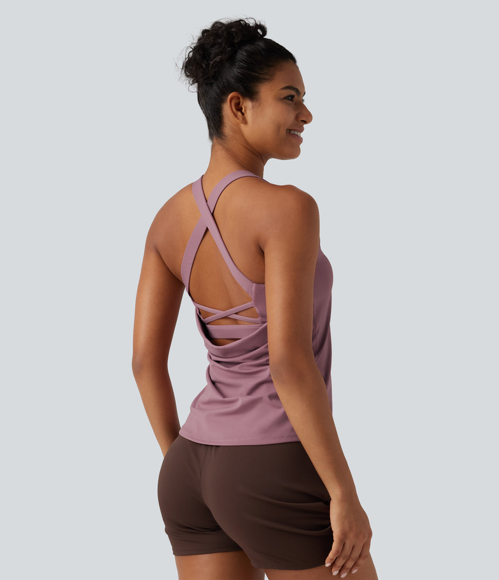 U Neck Built-in Bra Cool Touch Quick Dry Yoga Tank Top-UPF50+ — Nostalgia Rose — view 2
