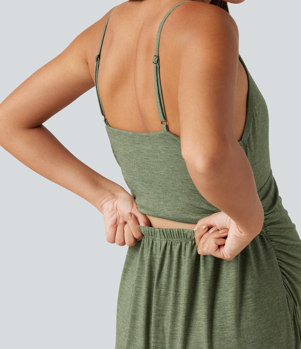 Built-In-Bra Ruched Wide Leg Heathered Casual Maternity Slip Jumpsuit with Pockets-Edition — Light Green Floral Yarn — view 5