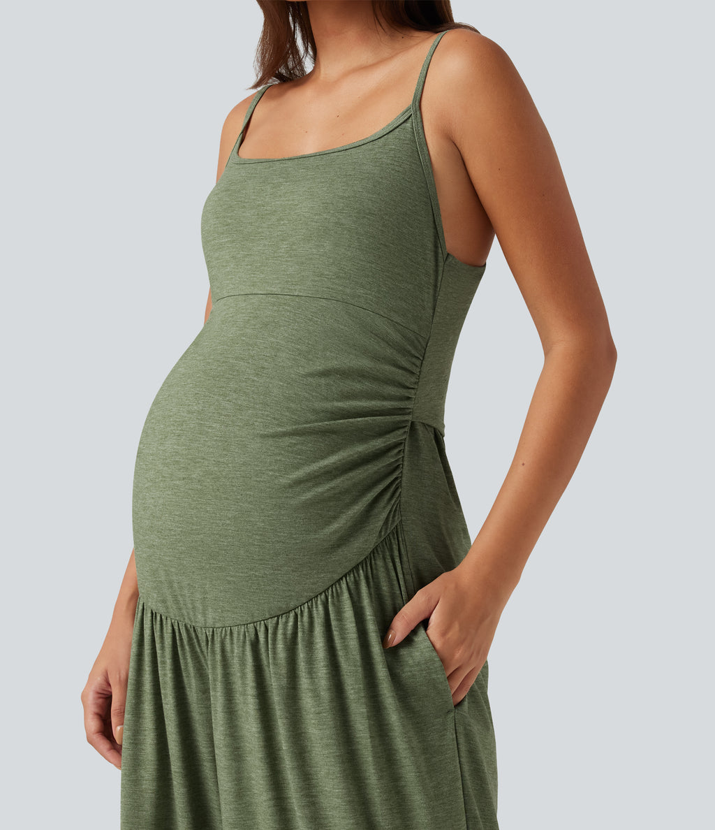 Built-In-Bra Ruched Wide Leg Heathered Casual Maternity Slip Jumpsuit with Pockets-Edition — Light Green Floral Yarn — view 4