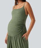 Built-In-Bra Ruched Wide Leg Heathered Casual Maternity Slip Jumpsuit with Pockets-Edition — Light Green Floral Yarn — view 4