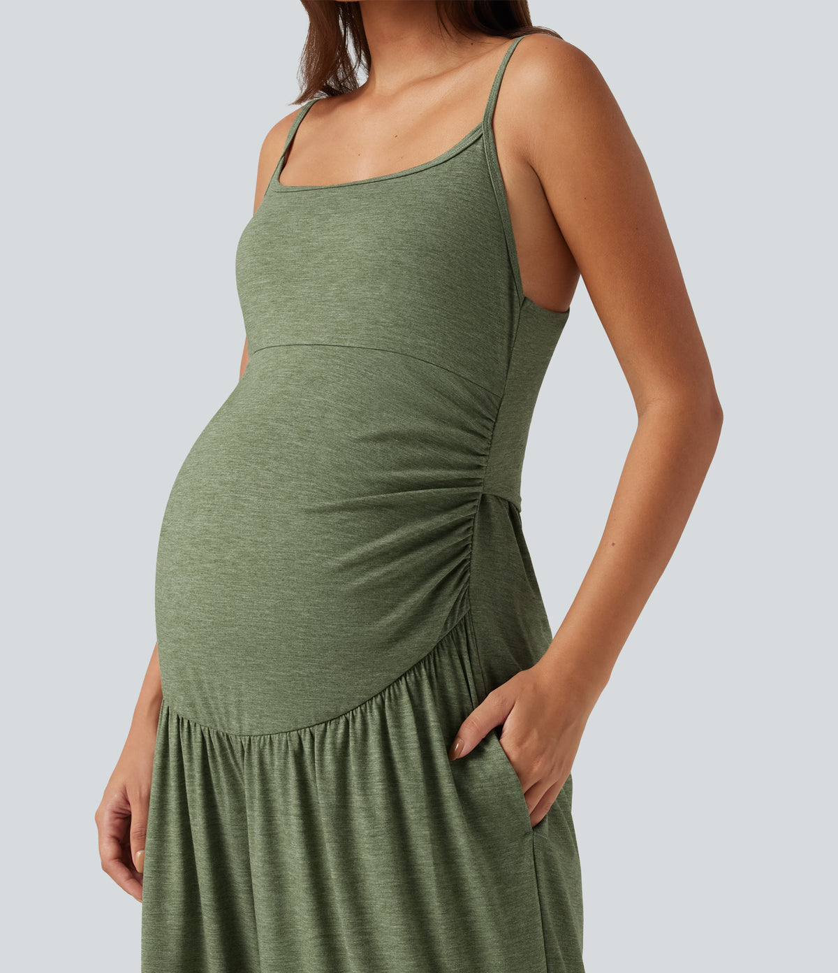 Built-In-Bra Ruched Wide Leg Heathered Casual Maternity Slip Jumpsuit with Pockets-Edition — Light Green Floral Yarn — view 4