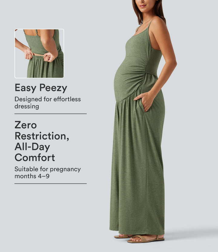 Built-In-Bra Ruched Wide Leg Heathered Casual Maternity Slip Jumpsuit with Pockets-Edition — Light Green Floral Yarn — view 1