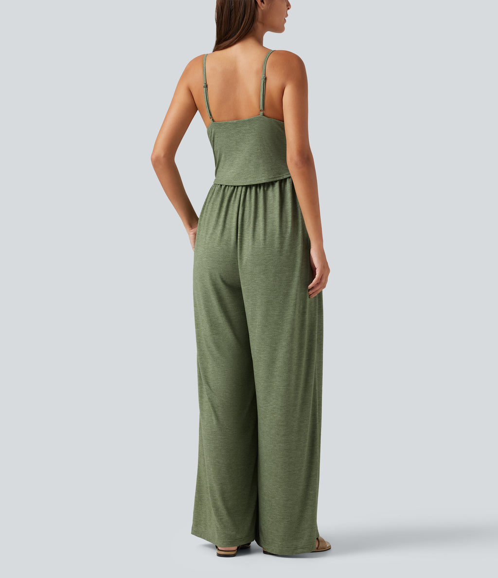 Built-In-Bra Ruched Wide Leg Heathered Casual Maternity Slip Jumpsuit with Pockets-Edition — Light Green Floral Yarn — view 2