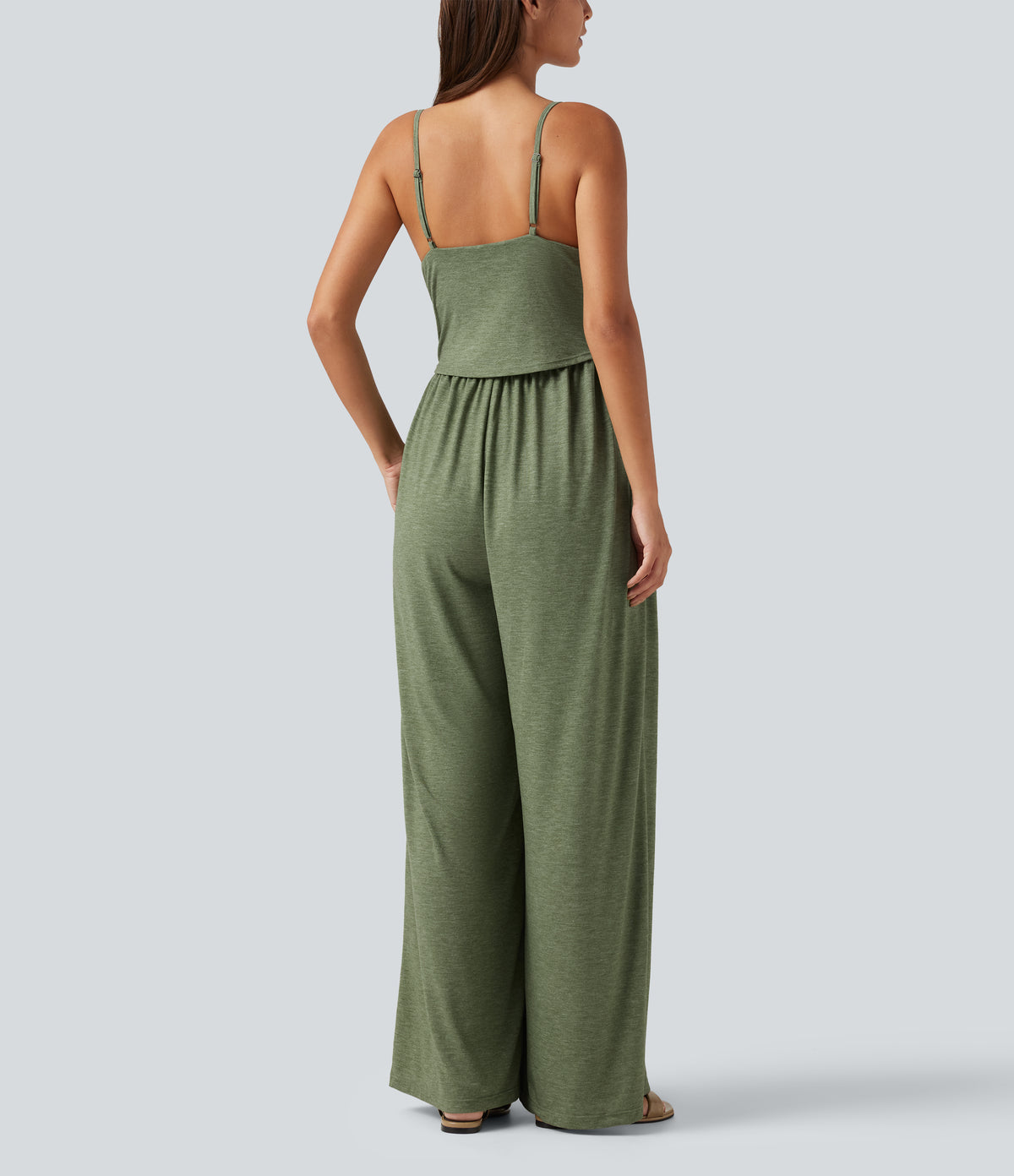 Built-In-Bra Ruched Wide Leg Heathered Casual Maternity Slip Jumpsuit with Pockets-Edition — Light Green Floral Yarn — view 2