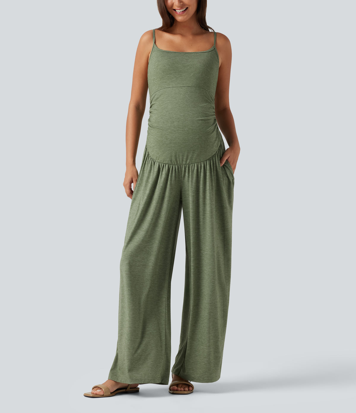 Built-In-Bra Ruched Wide Leg Heathered Casual Maternity Slip Jumpsuit with Pockets-Edition — Light Green Floral Yarn — view 3