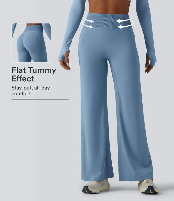 High-waisted Tummy Control Scrunch Yoga Straight-leg Trousers with Pockets — Whale Blue — view 1