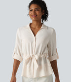 Lapel Roll Up Sleeve Tie Work Linen-Feel Shirt — Whisper White — view 1