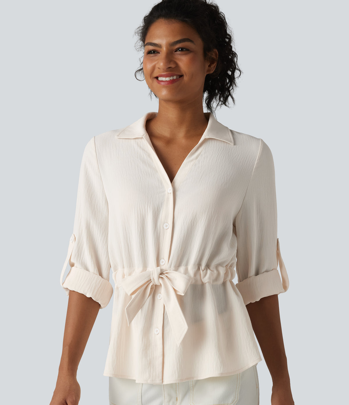 Lapel Roll Up Sleeve Tie Work Linen-Feel Shirt — Whisper White — view 1