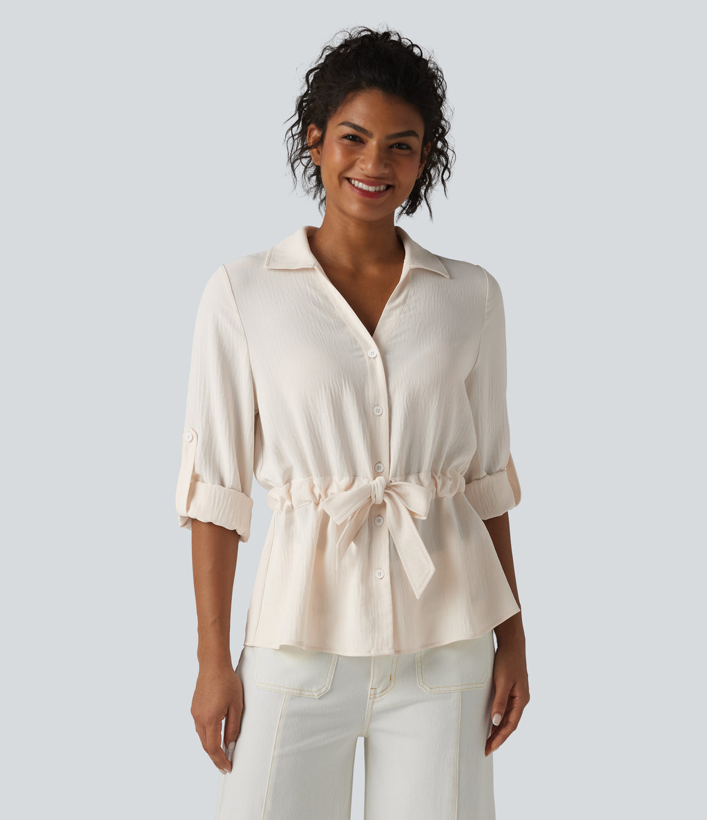 Lapel Roll Up Sleeve Tie Work Linen-Feel Shirt — Whisper White — view 4