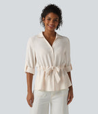 Lapel Roll Up Sleeve Tie Work Linen-Feel Shirt — Whisper White — view 4