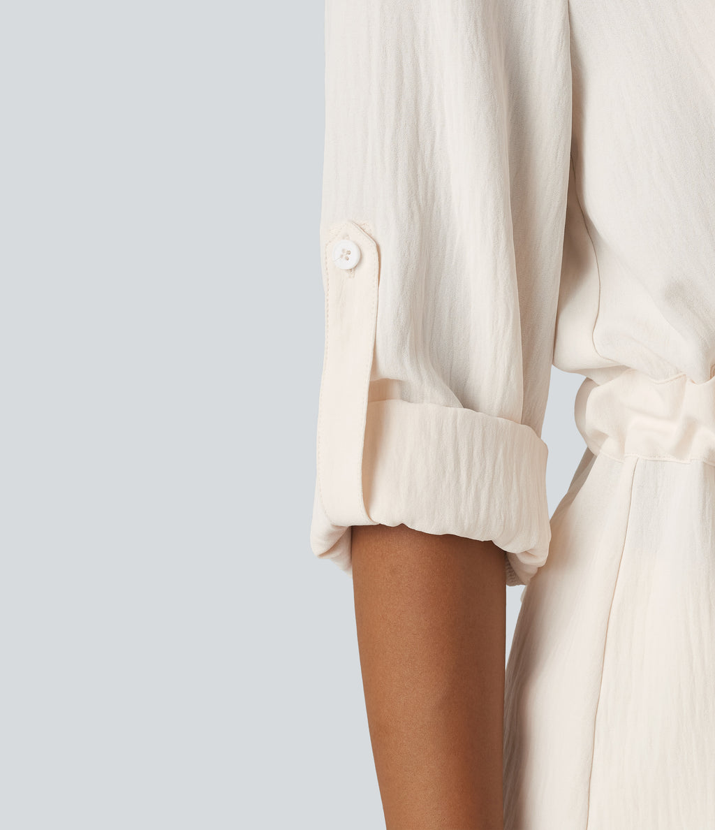 Lapel Roll Up Sleeve Tie Work Linen-Feel Shirt — Whisper White — view 5