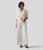 Lapel Roll Up Sleeve Tie Work Linen-Feel Shirt — Whisper White — view 8