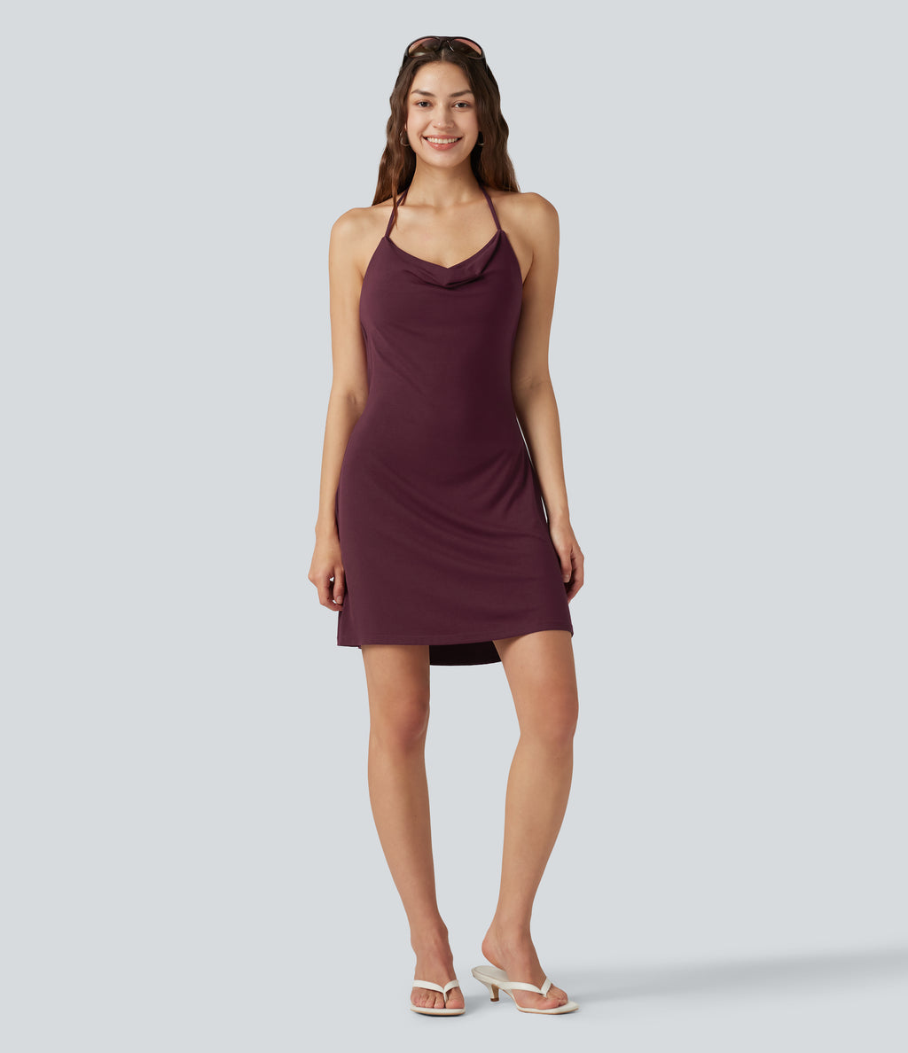 Ribbed Halter Cowl Neck Backless Built-in Bra Mini Casual Dress — Maroon Banner — view 7