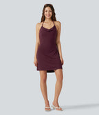 Ribbed Halter Cowl Neck Backless Built-in Bra Mini Casual Dress — Maroon Banner — view 7