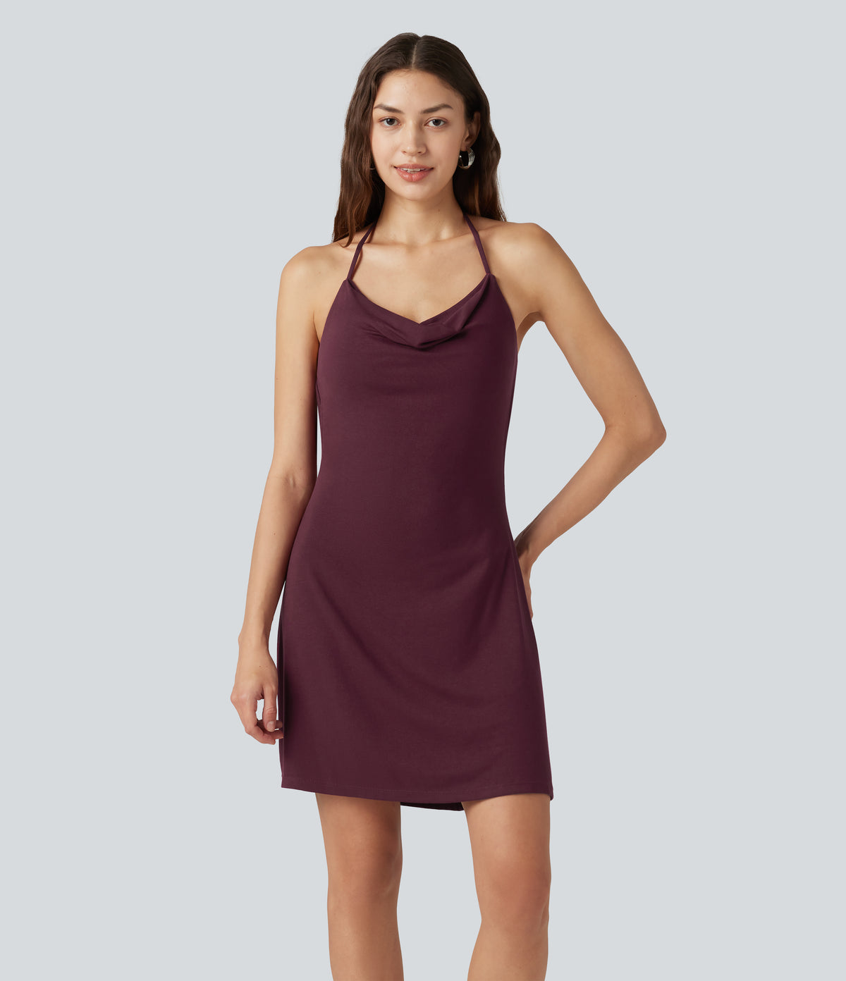 Ribbed Halter Cowl Neck Backless Built-in Bra Mini Casual Dress — Maroon Banner — view 2