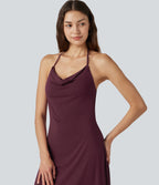 Ribbed Halter Cowl Neck Backless Built-in Bra Mini Casual Dress — Maroon Banner — view 5
