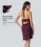 Ribbed Halter Cowl Neck Backless Built-in Bra Mini Casual Dress — Maroon Banner — view 1