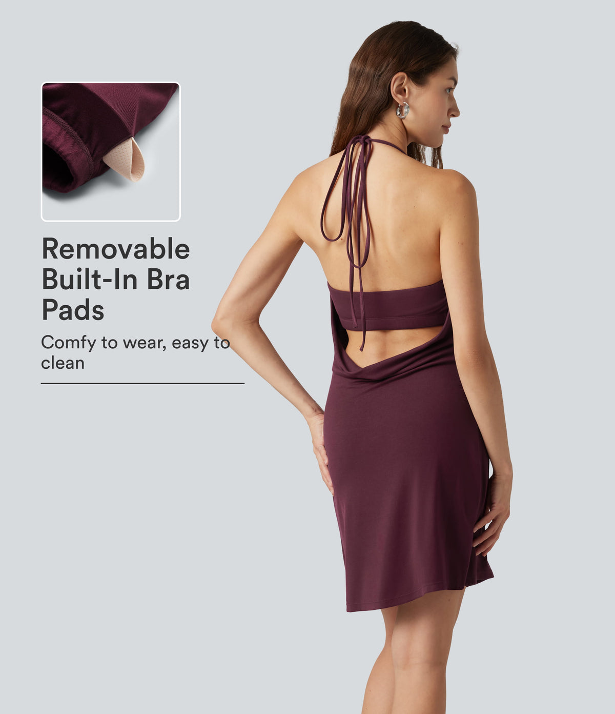 Ribbed Halter Cowl Neck Backless Built-in Bra Mini Casual Dress — Maroon Banner — view 1