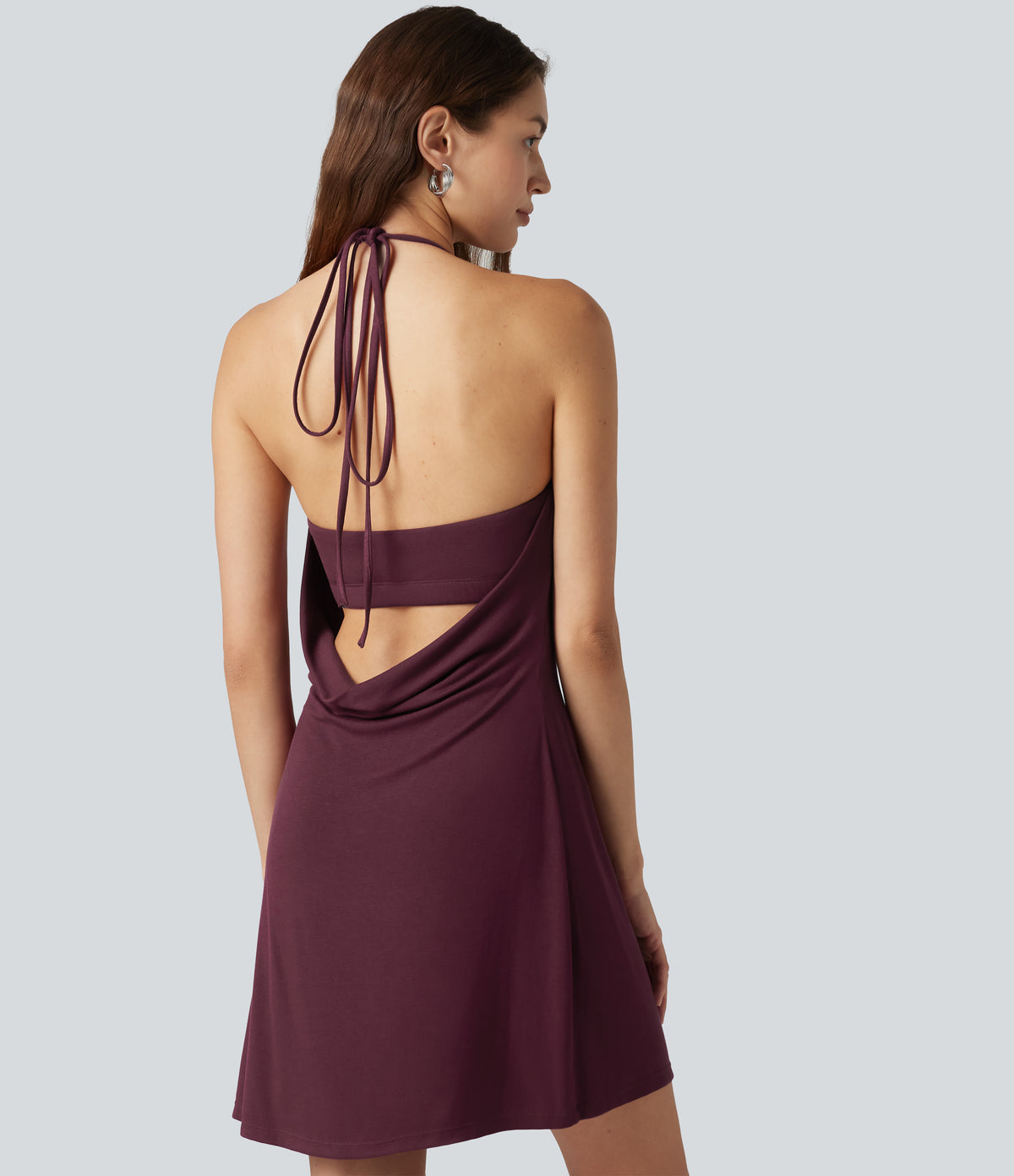 Ribbed Halter Cowl Neck Backless Built-in Bra Mini Casual Dress — Maroon Banner — view 4