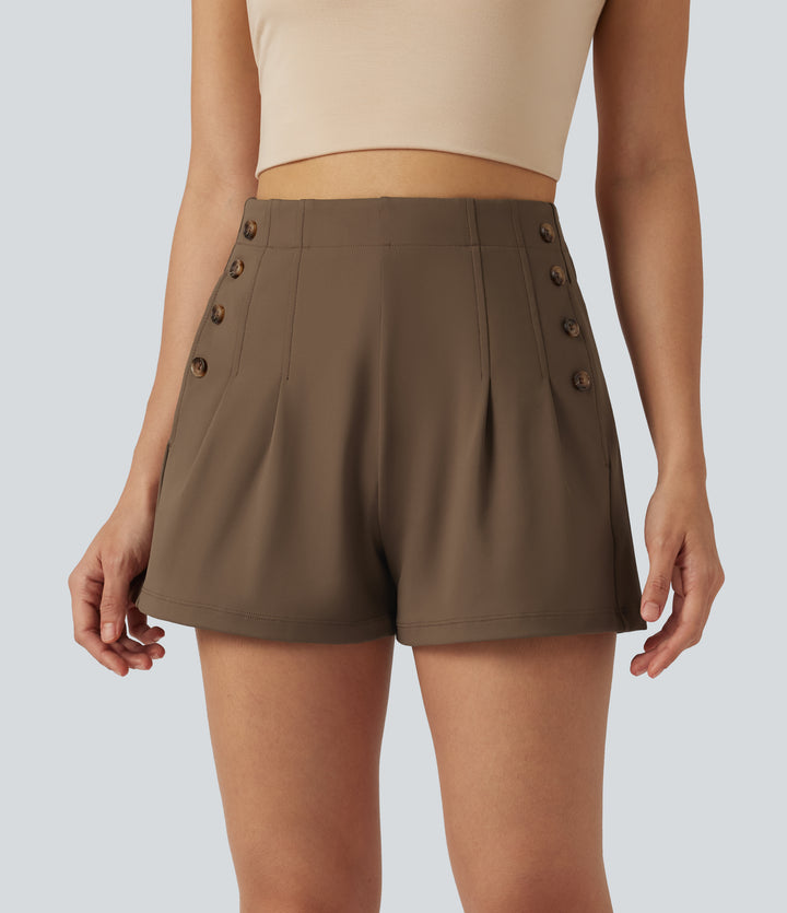 High-waisted Decorative Buttons Casual Baggy Shorts 3'' with Pockets — Sepia — view 1