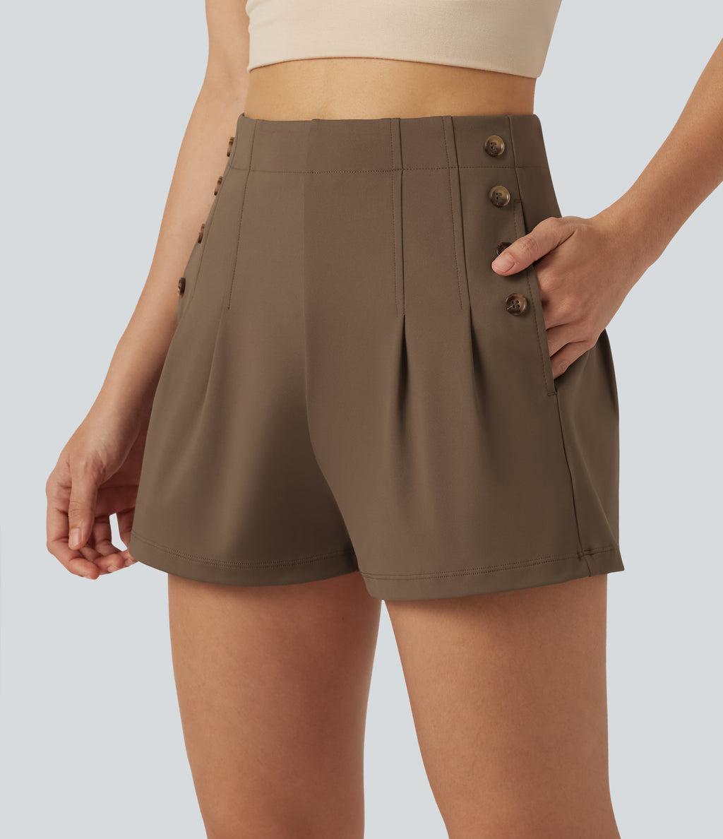 High-waisted Decorative Buttons Casual Baggy Shorts 3'' with Pockets — Sepia — view 4