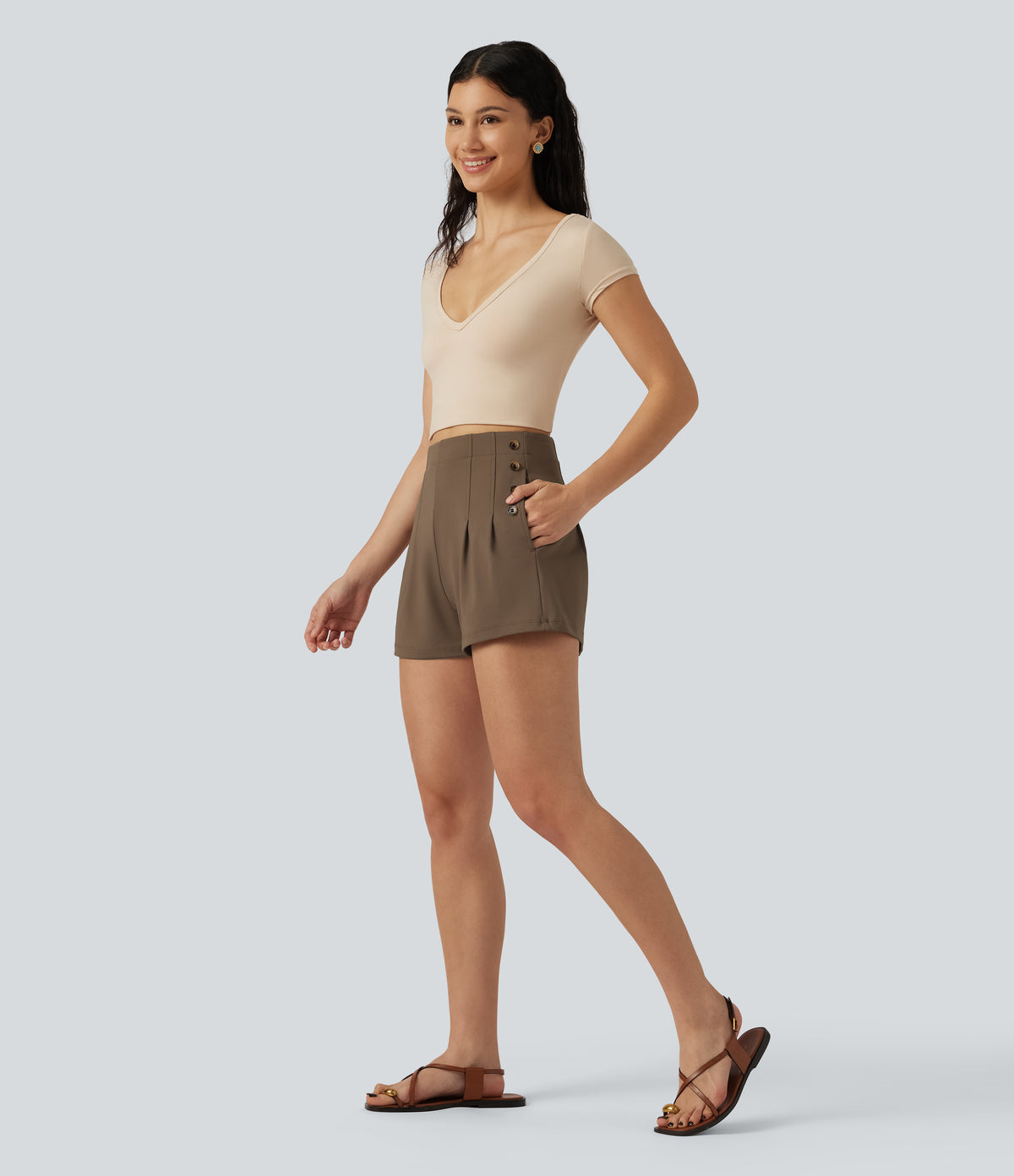 High-waisted Decorative Buttons Casual Baggy Shorts 3'' with Pockets — Sepia — view 6
