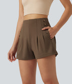 High-waisted Decorative Buttons Casual Baggy Shorts 3'' with Pockets — Sepia — view 3