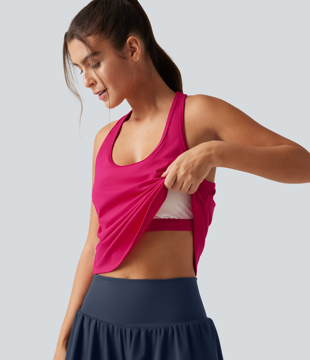 U Neck Built-in Bra Curved Hem Cool Touch Quick Dry Yoga Tank Top-UPF50+ — Bright Rose — view 1