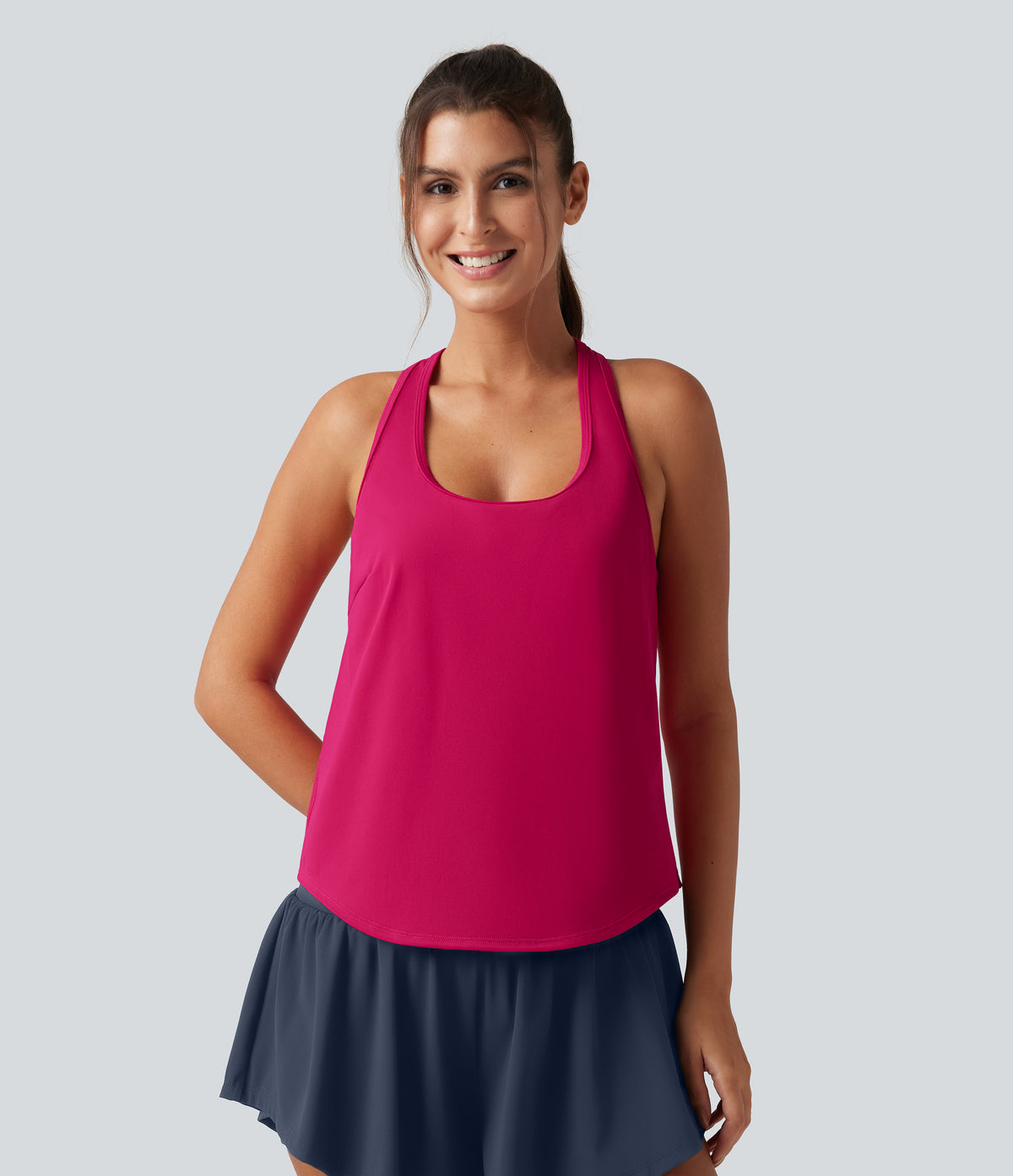 U Neck Built-in Bra Curved Hem Cool Touch Quick Dry Yoga Tank Top-UPF50+ — Bright Rose — view 3