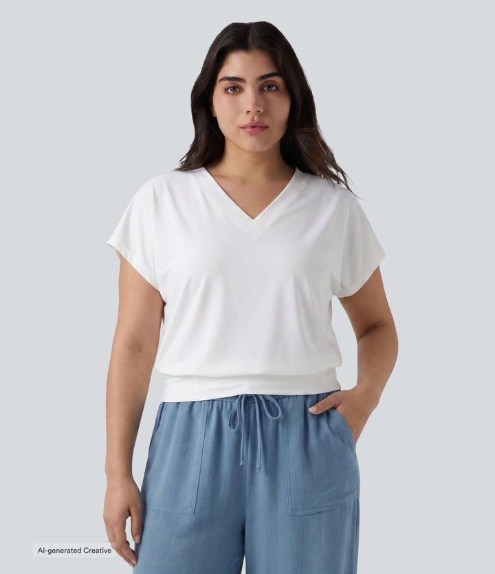Plus Size V Neck Short Sleeve Oversized Cool Touch Quick Dry Yoga Sports Top — White — view 1