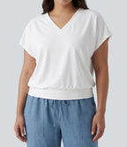 Plus Size V Neck Short Sleeve Oversized Cool Touch Quick Dry Yoga Sports Top — White — view 4