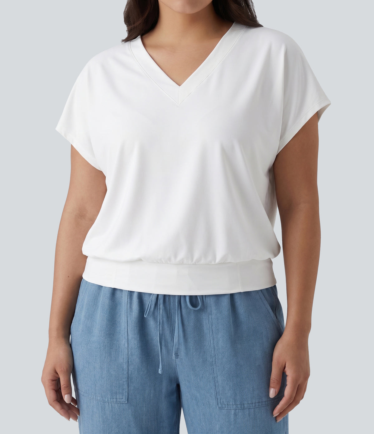 Plus Size V Neck Short Sleeve Oversized Cool Touch Quick Dry Yoga Sports Top — White — view 4