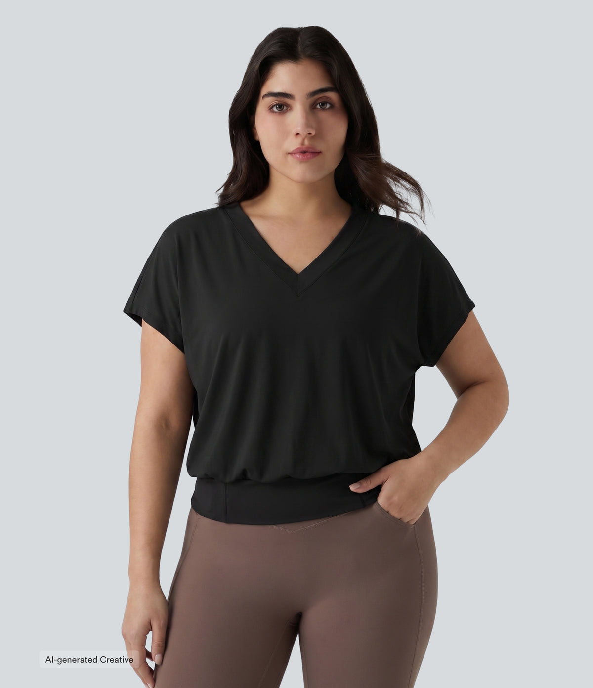 Plus Size V Neck Short Sleeve Oversized Cool Touch Quick Dry Yoga Sports Top — Black — view 6