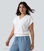 Plus Size V Neck Short Sleeve Oversized Cool Touch Quick Dry Yoga Sports Top — White — view 3