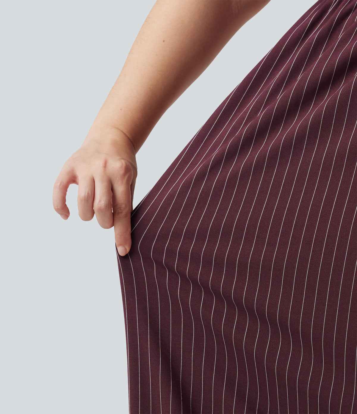 Plus Size Deep V Neck Built-in Bra Sleeveless Ruched Cool Touch Stripe Work Jumpsuit with Pockets-Edition — Plum Stripe — view 6