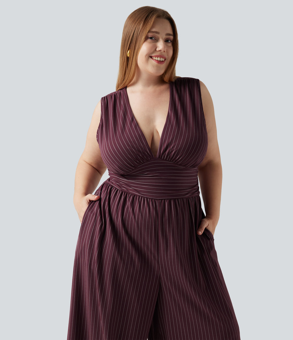 Plus Size Deep V Neck Built-in Bra Sleeveless Ruched Cool Touch Stripe Work Jumpsuit with Pockets-Edition — Plum Stripe — view 4