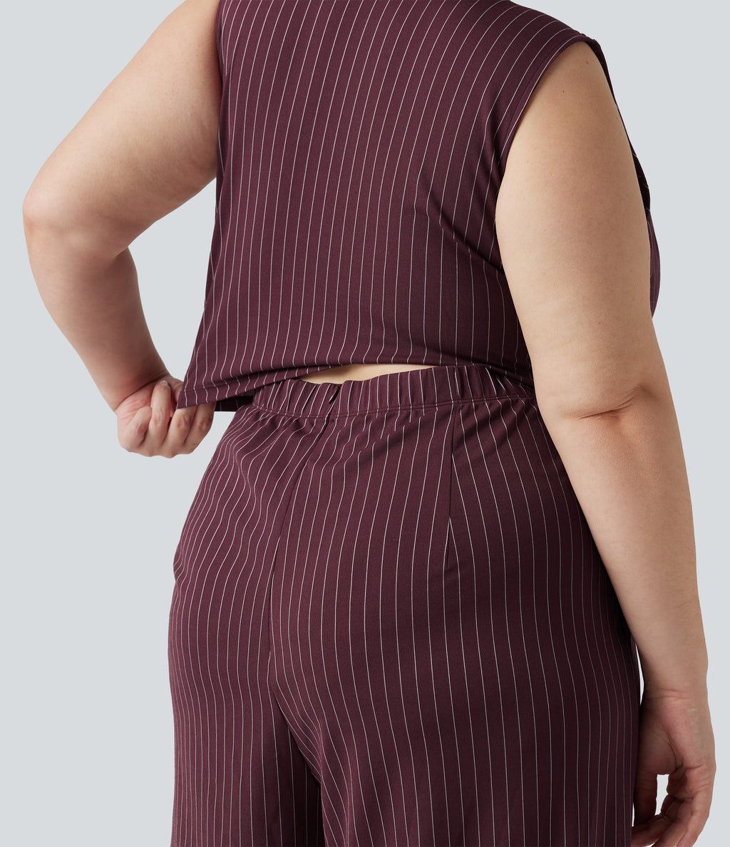 Plus Size Deep V Neck Built-in Bra Sleeveless Ruched Cool Touch Stripe Work Jumpsuit with Pockets-Edition — Plum Stripe — view 5