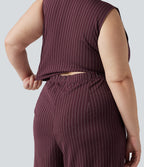 Plus Size Deep V Neck Built-in Bra Sleeveless Ruched Cool Touch Stripe Work Jumpsuit with Pockets-Edition — Plum Stripe — view 5