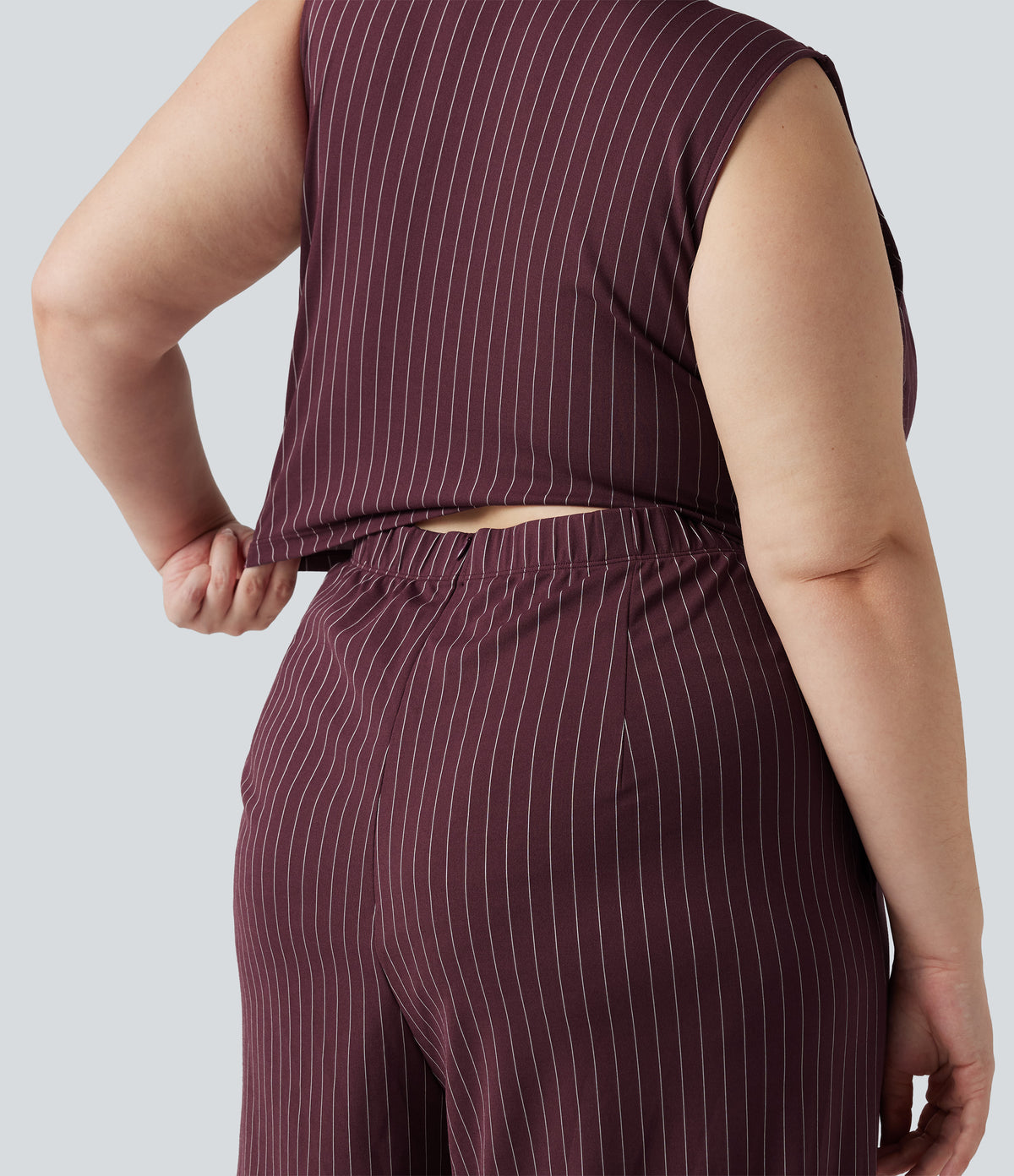 Plus Size Deep V Neck Built-in Bra Sleeveless Ruched Cool Touch Stripe Work Jumpsuit with Pockets-Edition — Plum Stripe — view 5