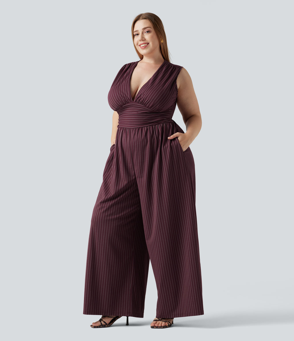 Plus Size Deep V Neck Built-in Bra Sleeveless Ruched Cool Touch Stripe Work Jumpsuit with Pockets-Edition — Plum Stripe — view 3