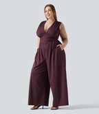 Plus Size Deep V Neck Built-in Bra Sleeveless Ruched Cool Touch Stripe Work Jumpsuit with Pockets-Edition — Plum Stripe — view 3