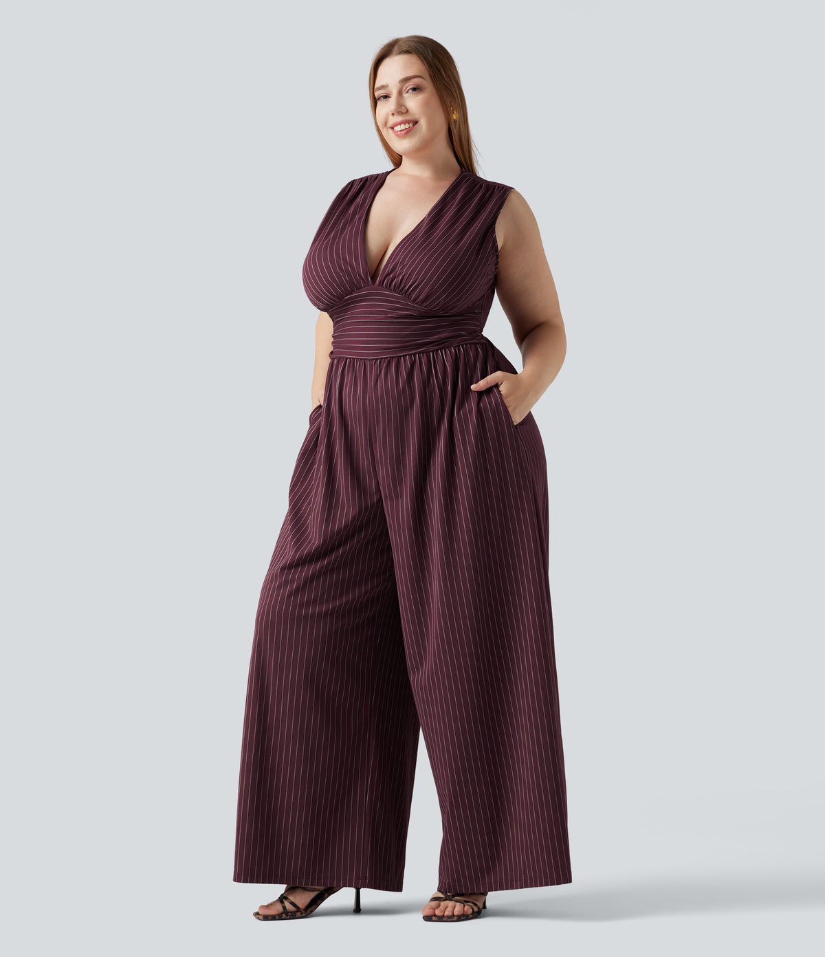 Plus Size Deep V Neck Built-in Bra Sleeveless Ruched Cool Touch Stripe Work Jumpsuit with Pockets-Edition — Plum Stripe — view 3