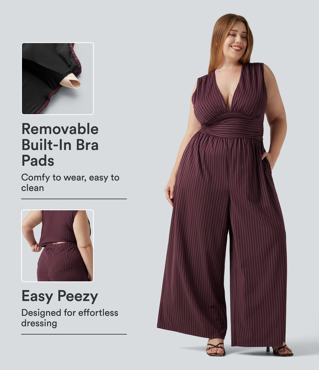 Plus Size Deep V Neck Built-in Bra Sleeveless Ruched Cool Touch Stripe Work Jumpsuit with Pockets-Edition — Plum Stripe — view 1
