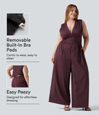 Plus Size Deep V Neck Built-in Bra Sleeveless Ruched Cool Touch Stripe Work Jumpsuit with Pockets-Edition — Plum Stripe — view 1