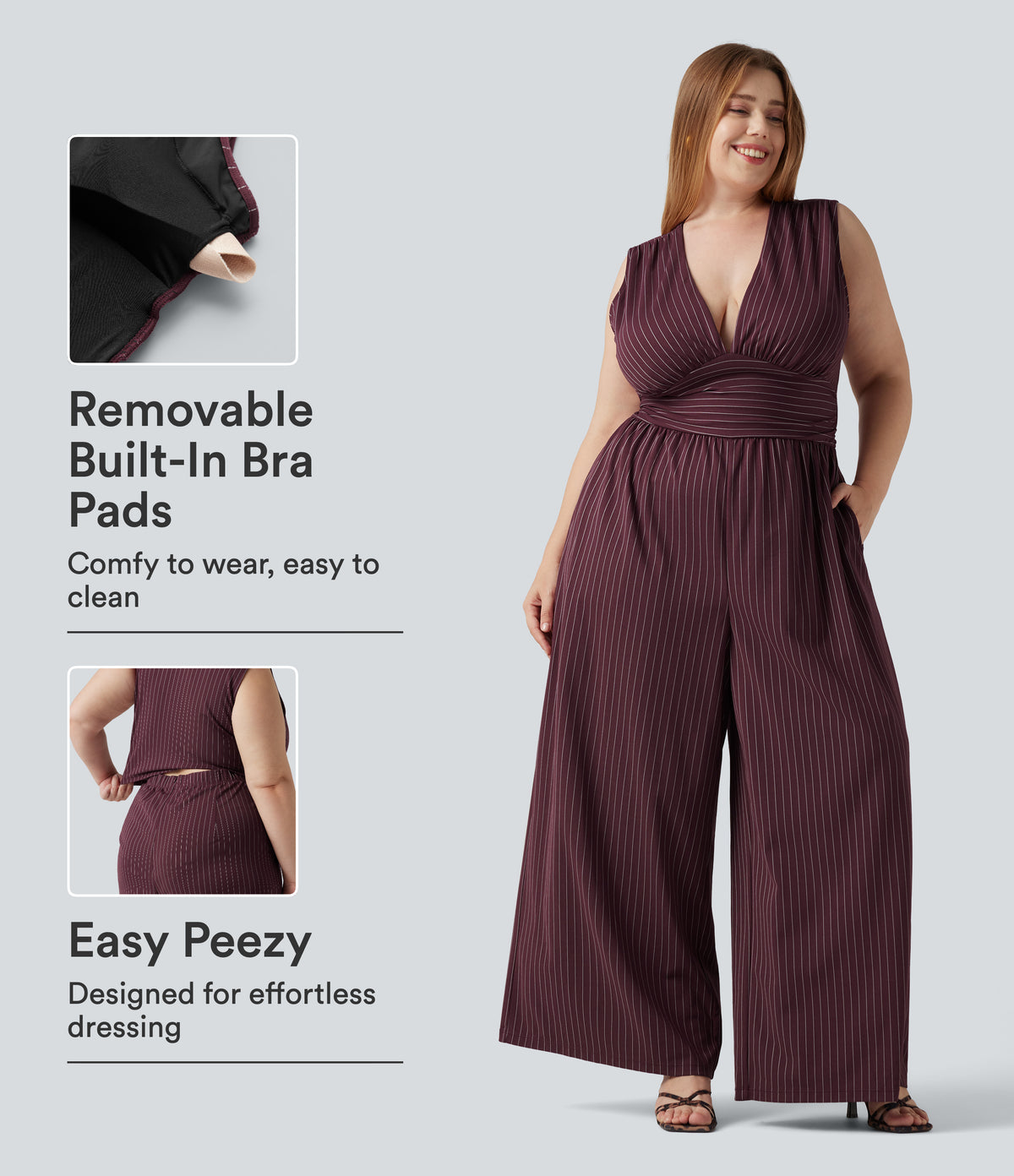 Plus Size Deep V Neck Built-in Bra Sleeveless Ruched Cool Touch Stripe Work Jumpsuit with Pockets-Edition — Plum Stripe — view 1