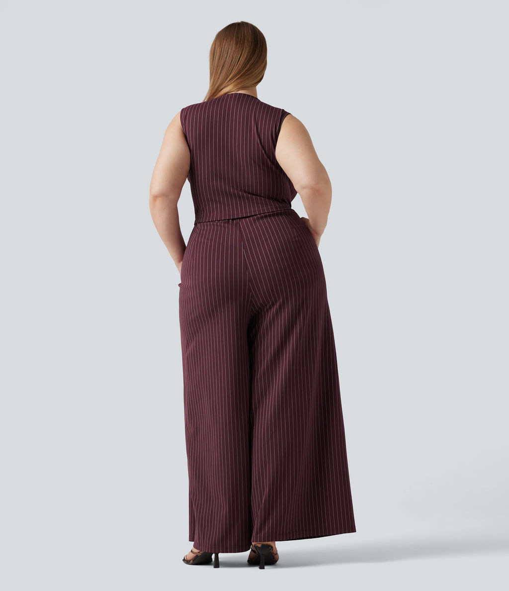 Plus Size Deep V Neck Built-in Bra Sleeveless Ruched Cool Touch Stripe Work Jumpsuit with Pockets-Edition — Plum Stripe — view 2